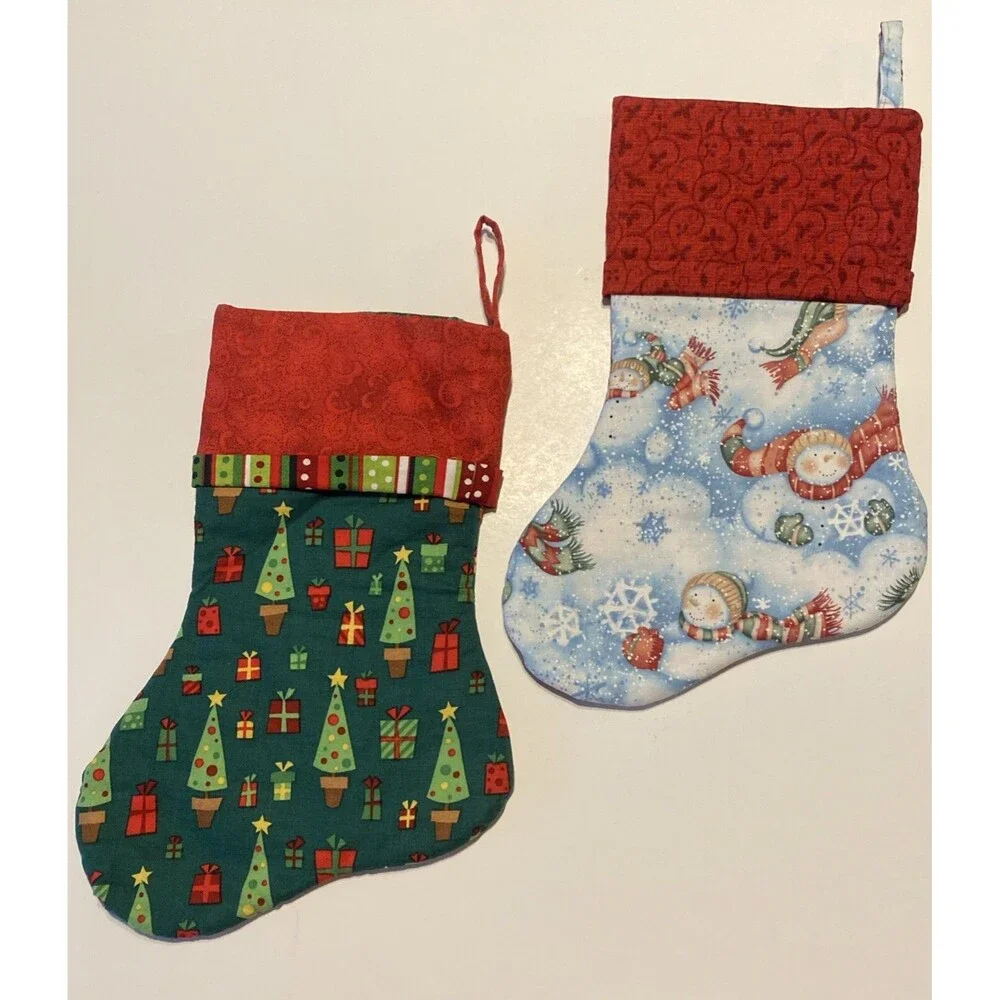 Handmade Christmas Stockings 12” Lot Of 2 Winter Snowman Trees Presents